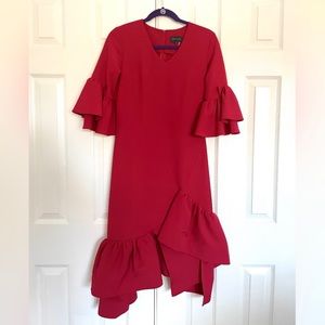 Red Asymmetrical Flare Sleeves Dress